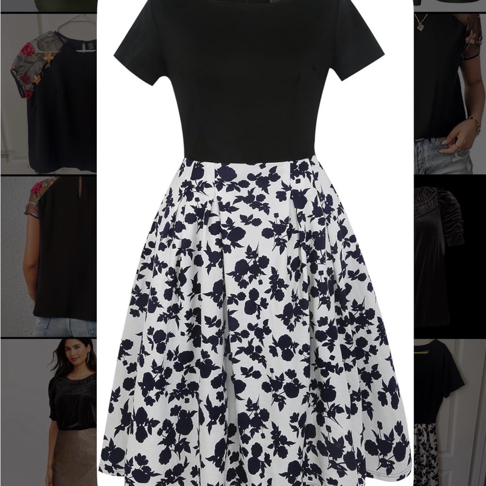 Black and White Floral Women's Dress Scoop Neck